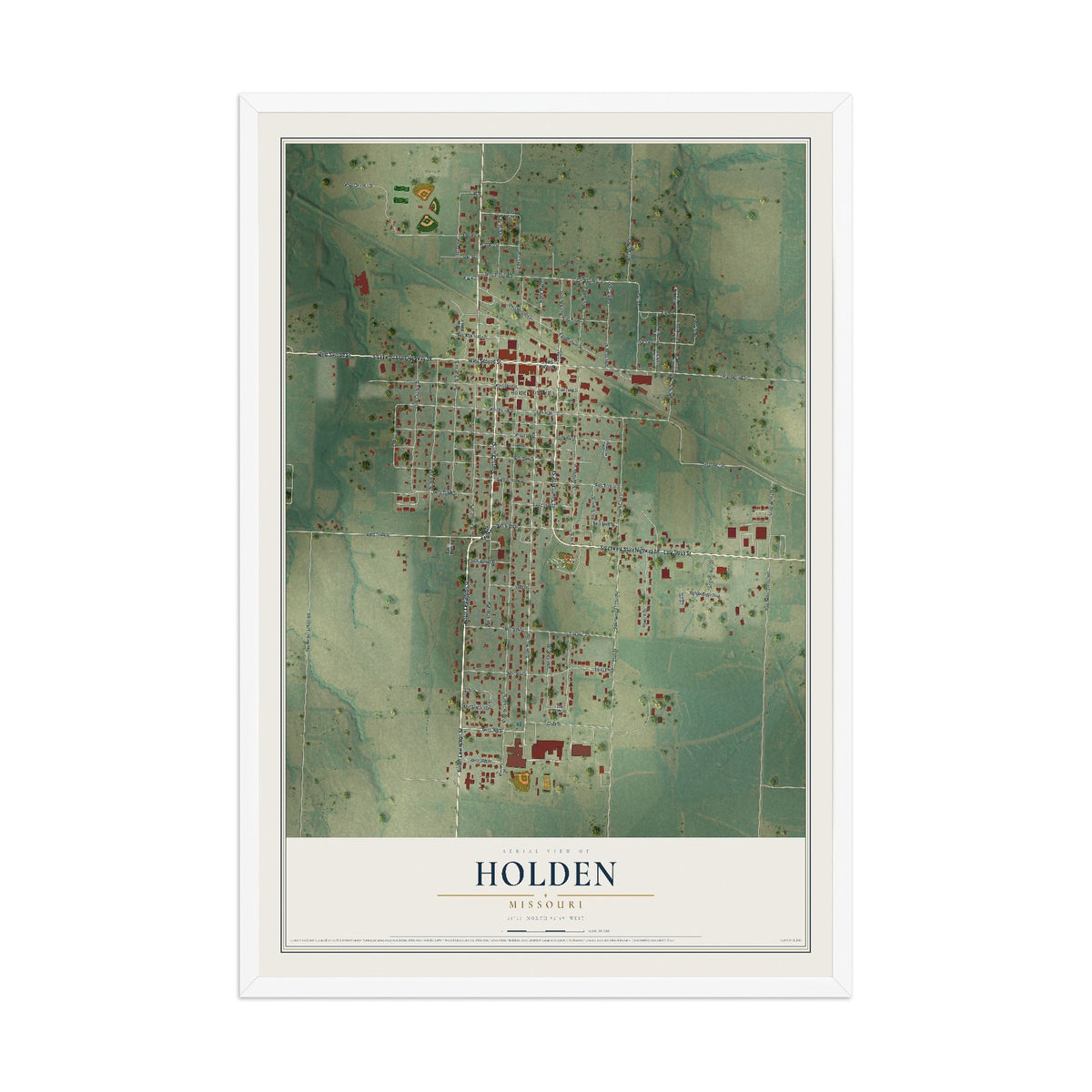Map of Holden, Missouri, 12 x 18 inch print in a white wood frame