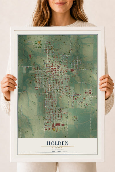 Map of Holden, Missouri, 18 x 24 inch print in a white wood frame