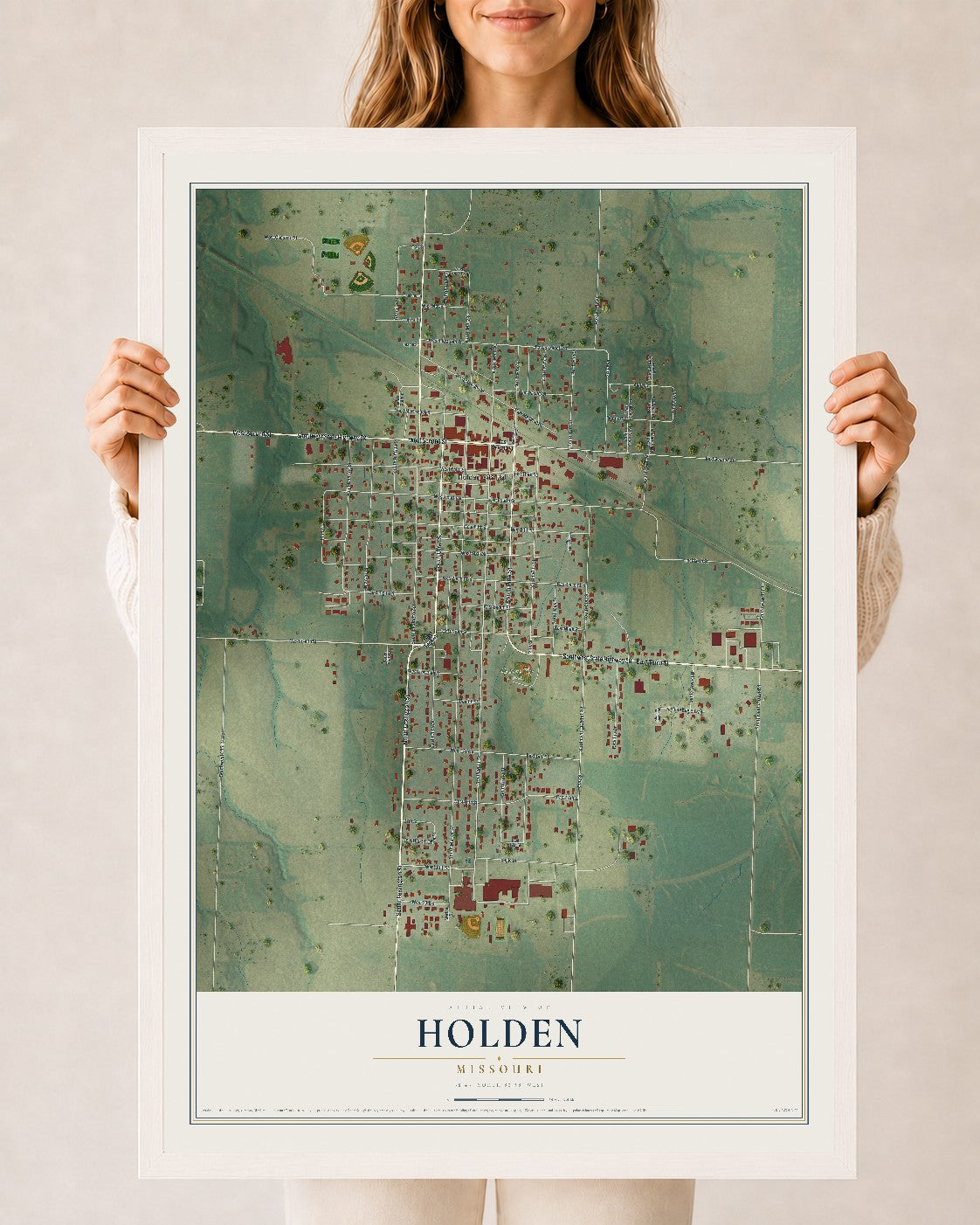 Map of Holden, Missouri, 24 x 36 inch print in a white wood frame