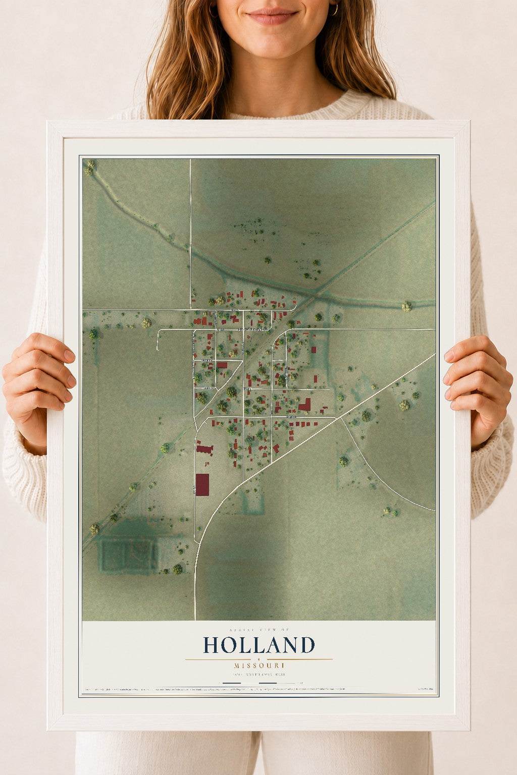 Map of Holland, Missouri, 18 x 24 inch print in a white wood frame