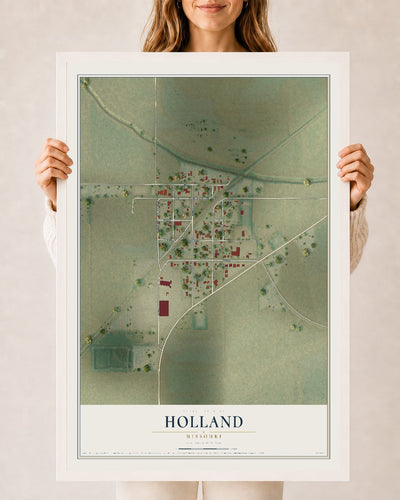 Map of Holland, Missouri, 24 x 36 inch print in a white wood frame