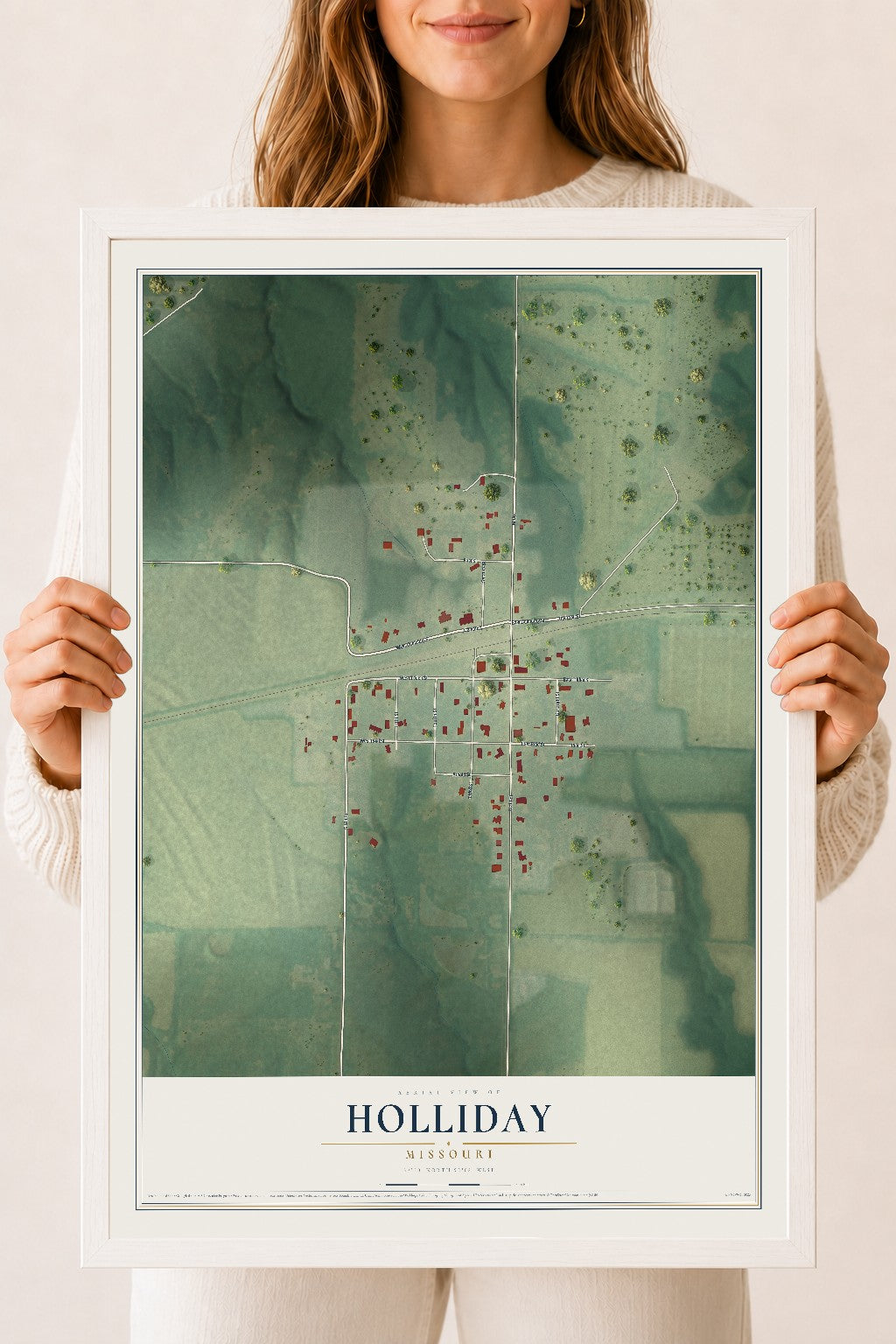 Map of Holliday, Missouri, 18 x 24 inch print in a white wood frame