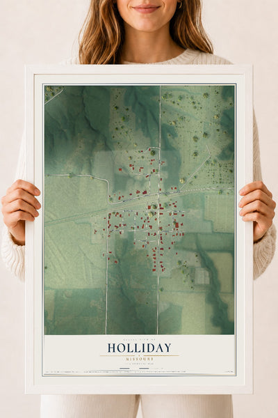 Map of Holliday, Missouri, 18 x 24 inch print in a white wood frame