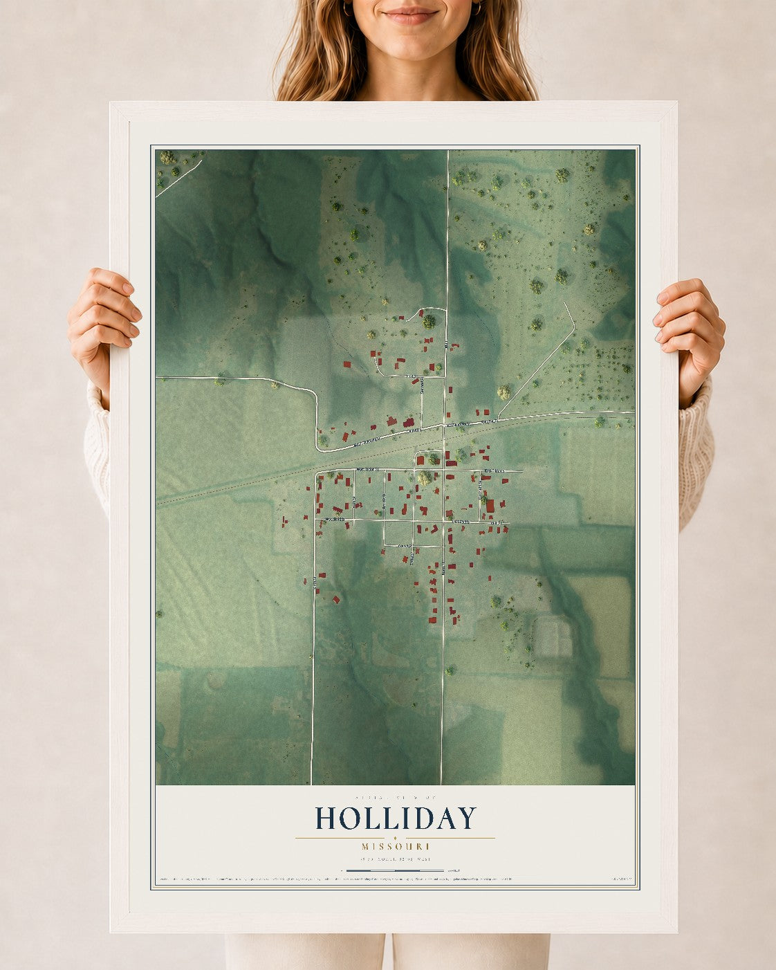 Map of Holliday, Missouri, 24 x 36 inch print in a white wood frame