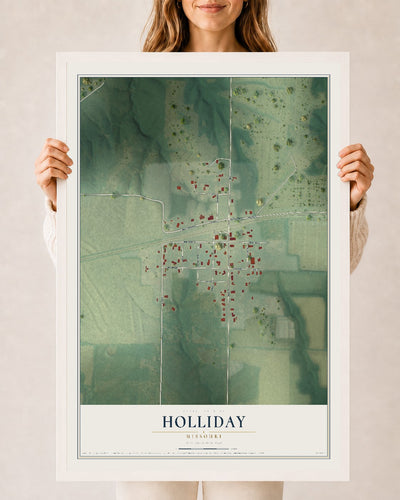 Map of Holliday, Missouri, 24 x 36 inch print in a white wood frame