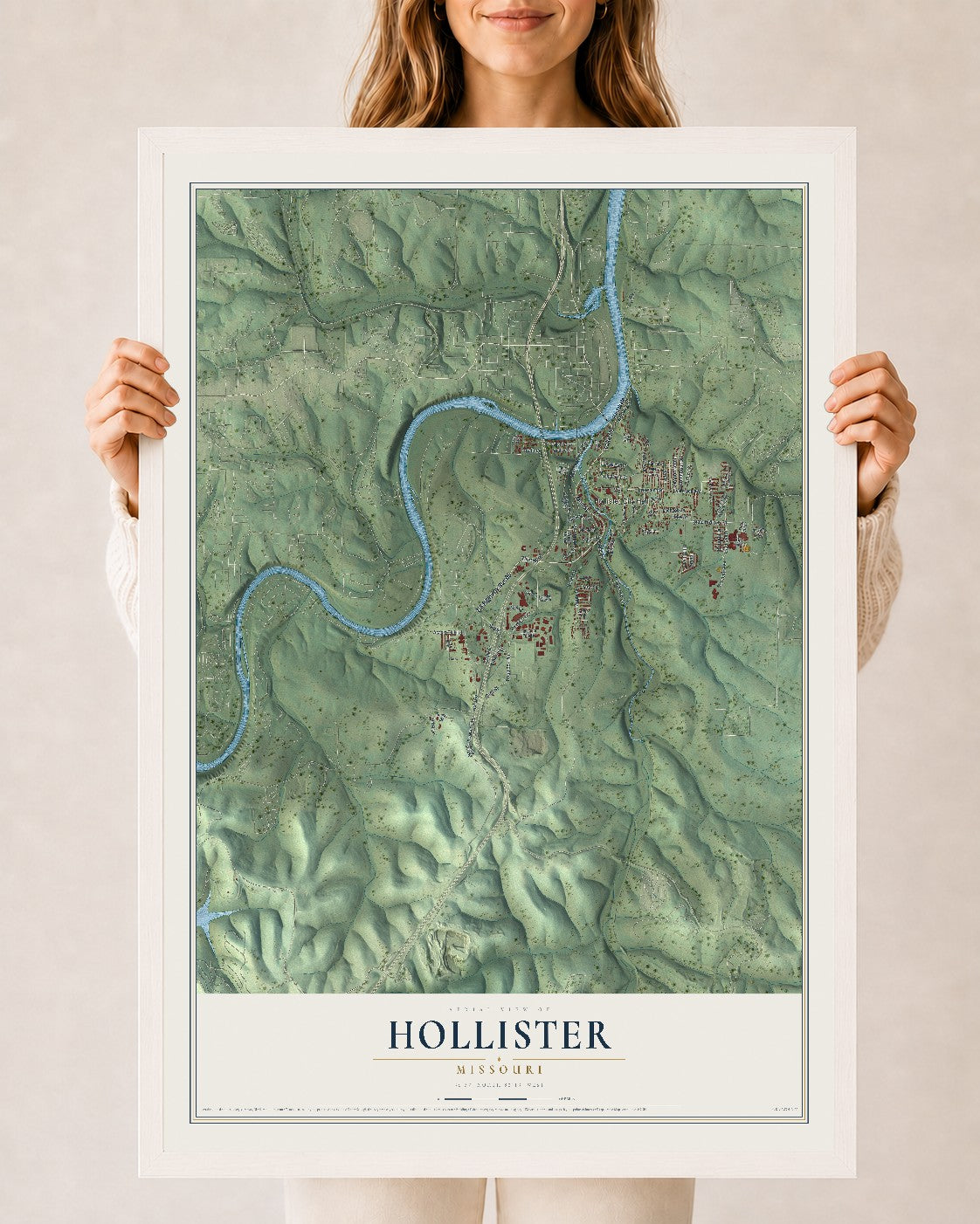 Map of Hollister, Missouri, 24 x 36 inch print in a white wood frame