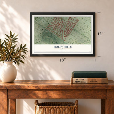 Holly Hills, Missouri map, 12 x 18 inch print in a black frame in an entryway