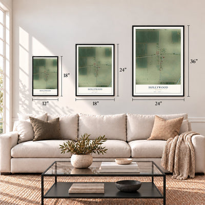 Hollywood, Missouri map in 12 x 18, 18 x 24 and 24 x 36 inch sizes above a sofa