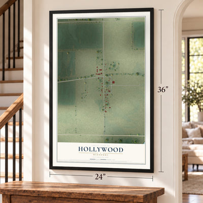 Hollywood, Missouri map, 24 x 36 inch print in a black frame by a staircase