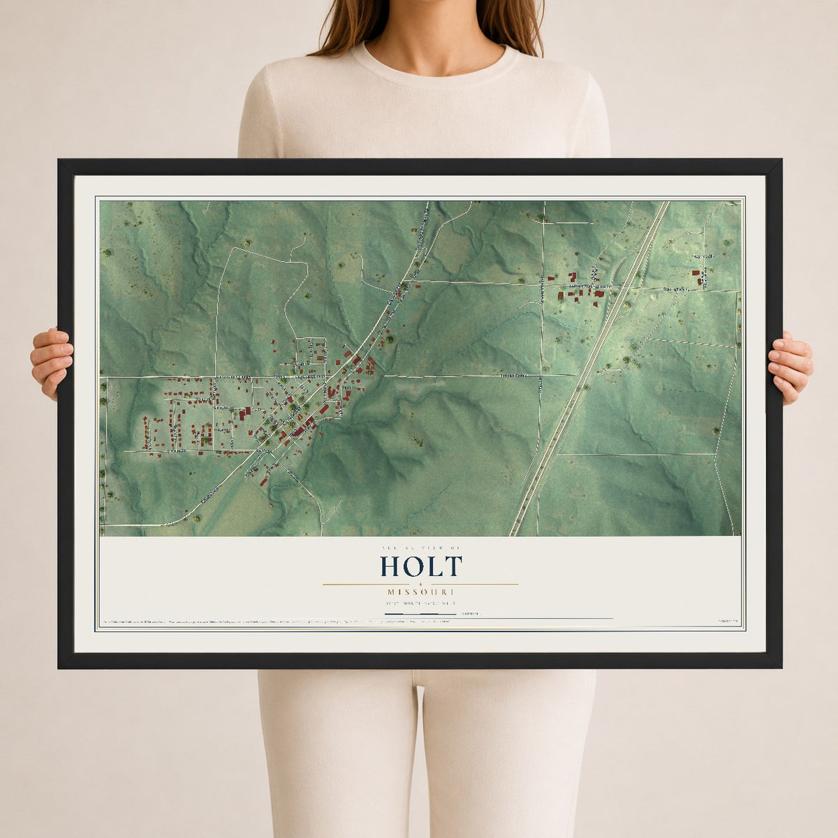 Map of Holt, Missouri, 24 x 36 inch print in a black wood frame