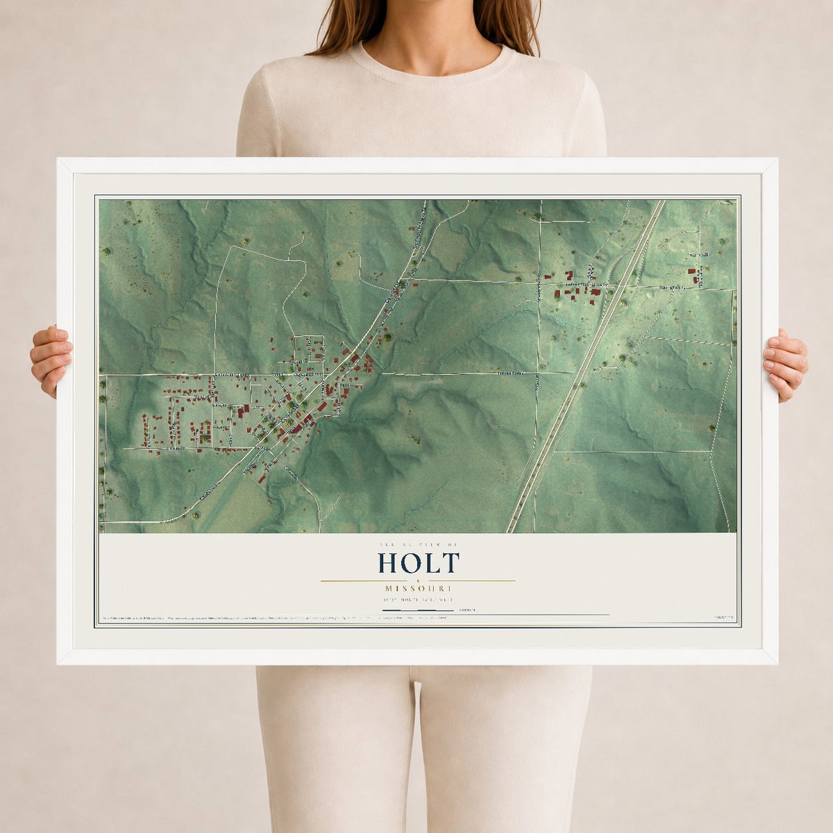 Map of Holt, Missouri, 24 x 36 inch print in a white wood frame
