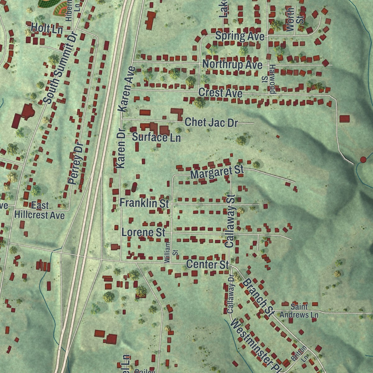 Close-up of the map of Holts Summit, Missouri print showing street and building detail