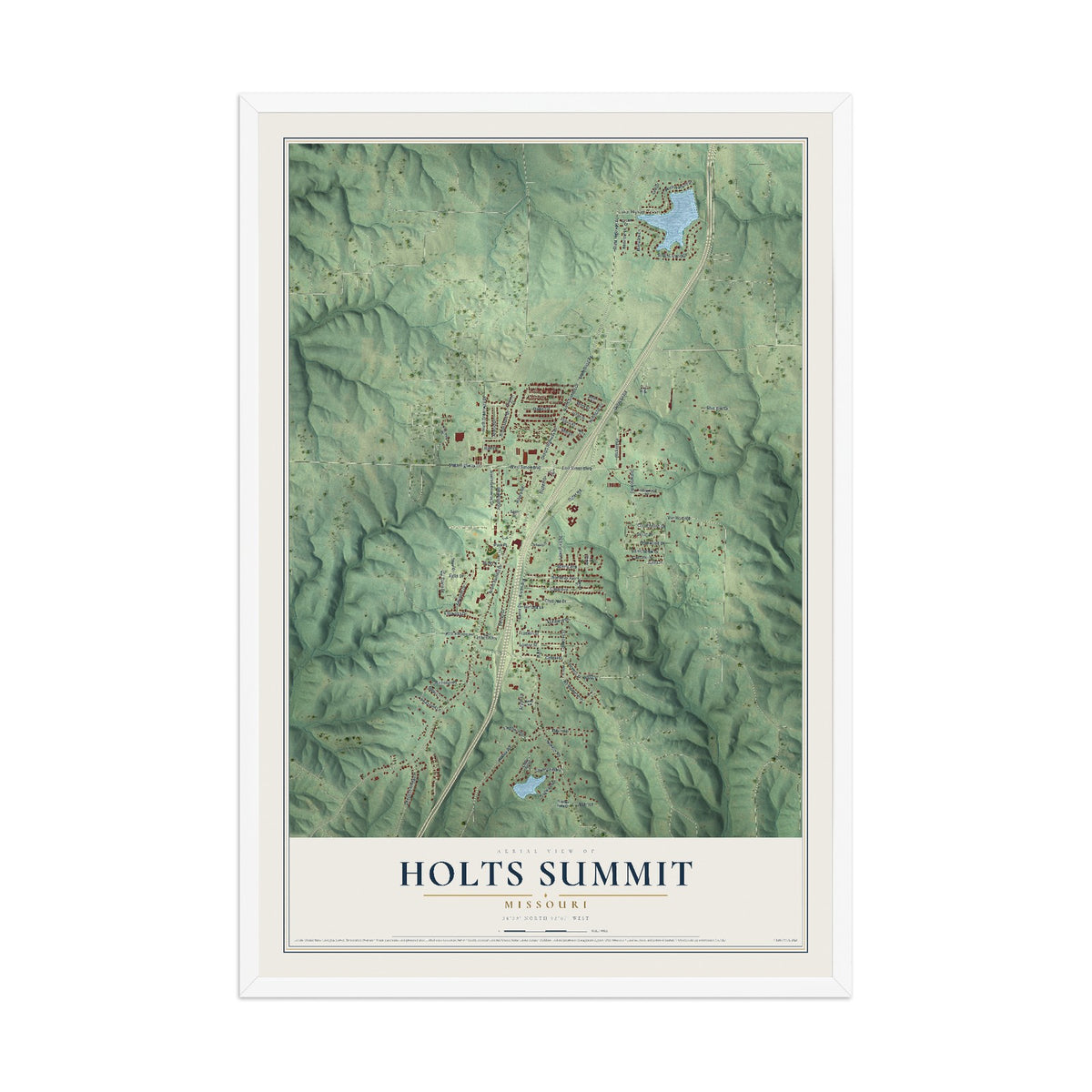 Map of Holts Summit, Missouri, 12 x 18 inch print in a white wood frame