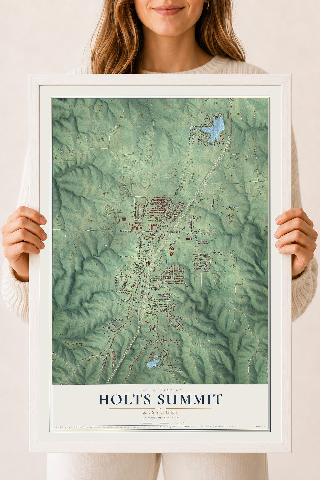 Map of Holts Summit, Missouri, 18 x 24 inch print in a white wood frame
