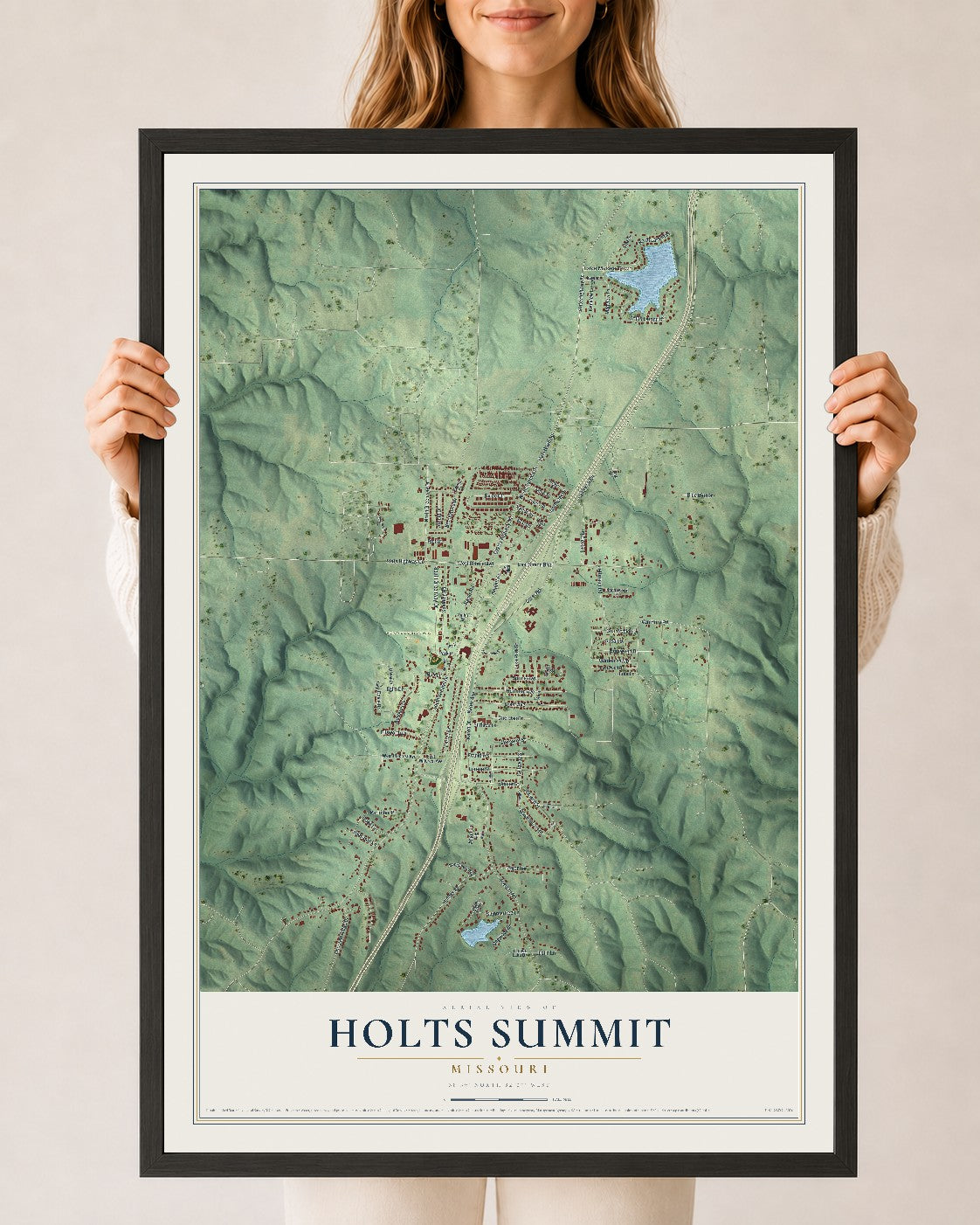 Map of Holts Summit, Missouri, 24 x 36 inch print in a black wood frame