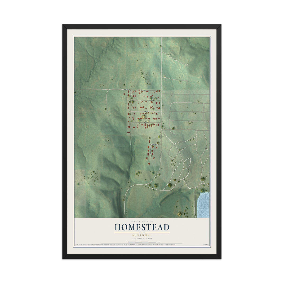Map of Homestead, Missouri, 12 x 18 inch print in a black wood frame
