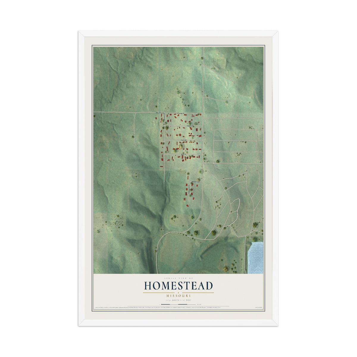 Map of Homestead, Missouri, 12 x 18 inch print in a white wood frame