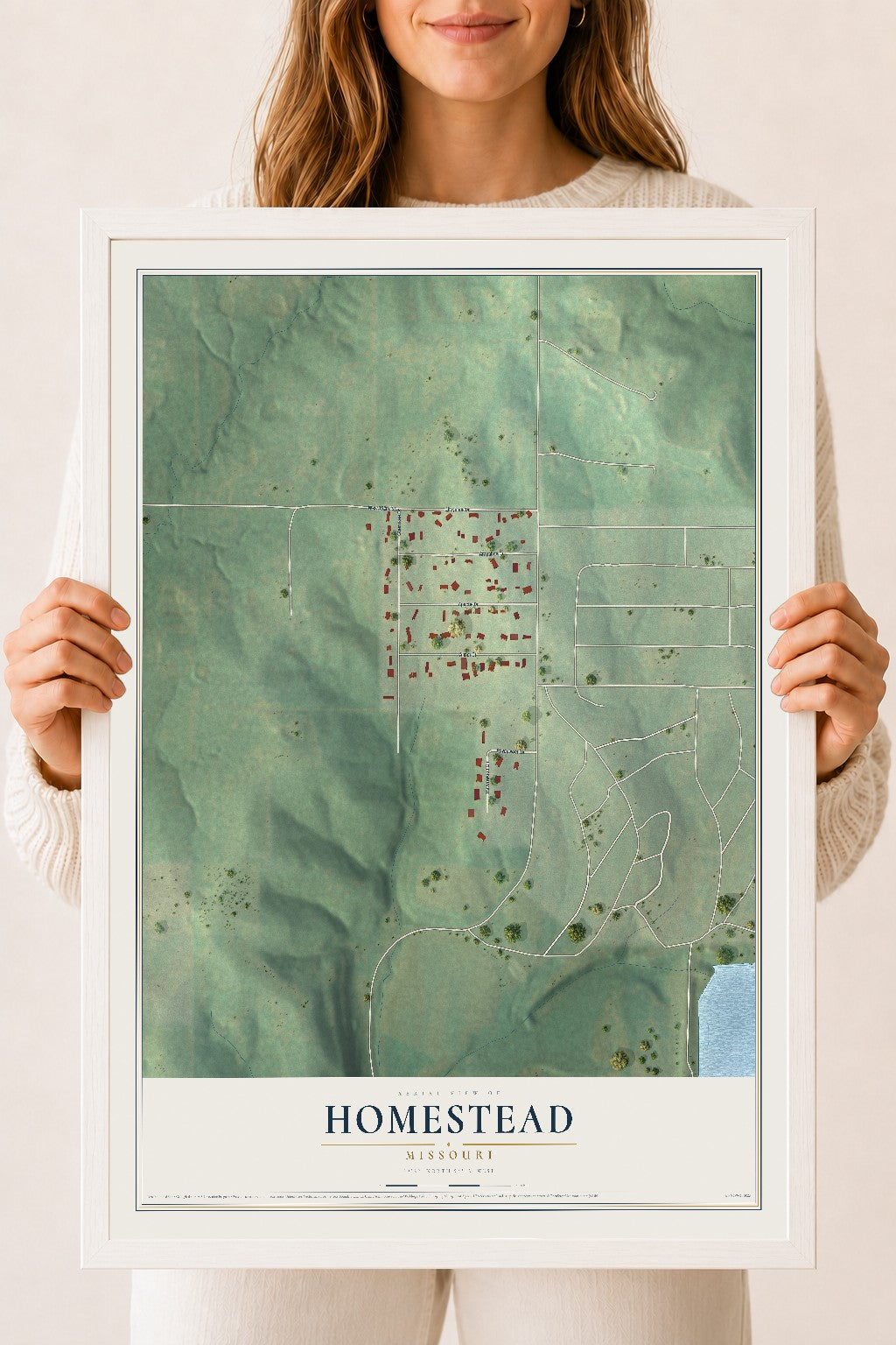 Map of Homestead, Missouri, 18 x 24 inch print in a white wood frame