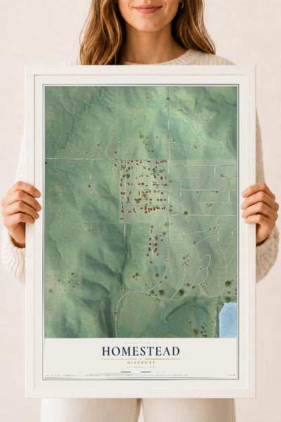 Map of Homestead, Missouri, 18 x 24 inch print in a white wood frame