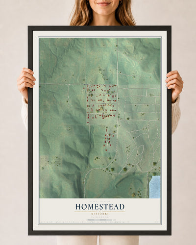 Map of Homestead, Missouri, 24 x 36 inch print in a black wood frame