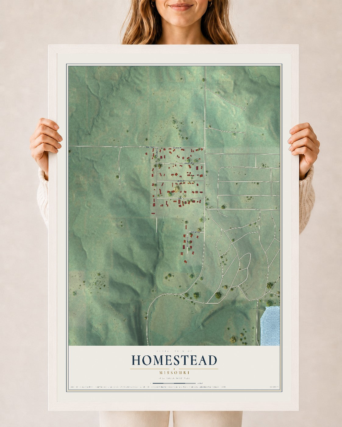 Map of Homestead, Missouri, 24 x 36 inch print in a white wood frame
