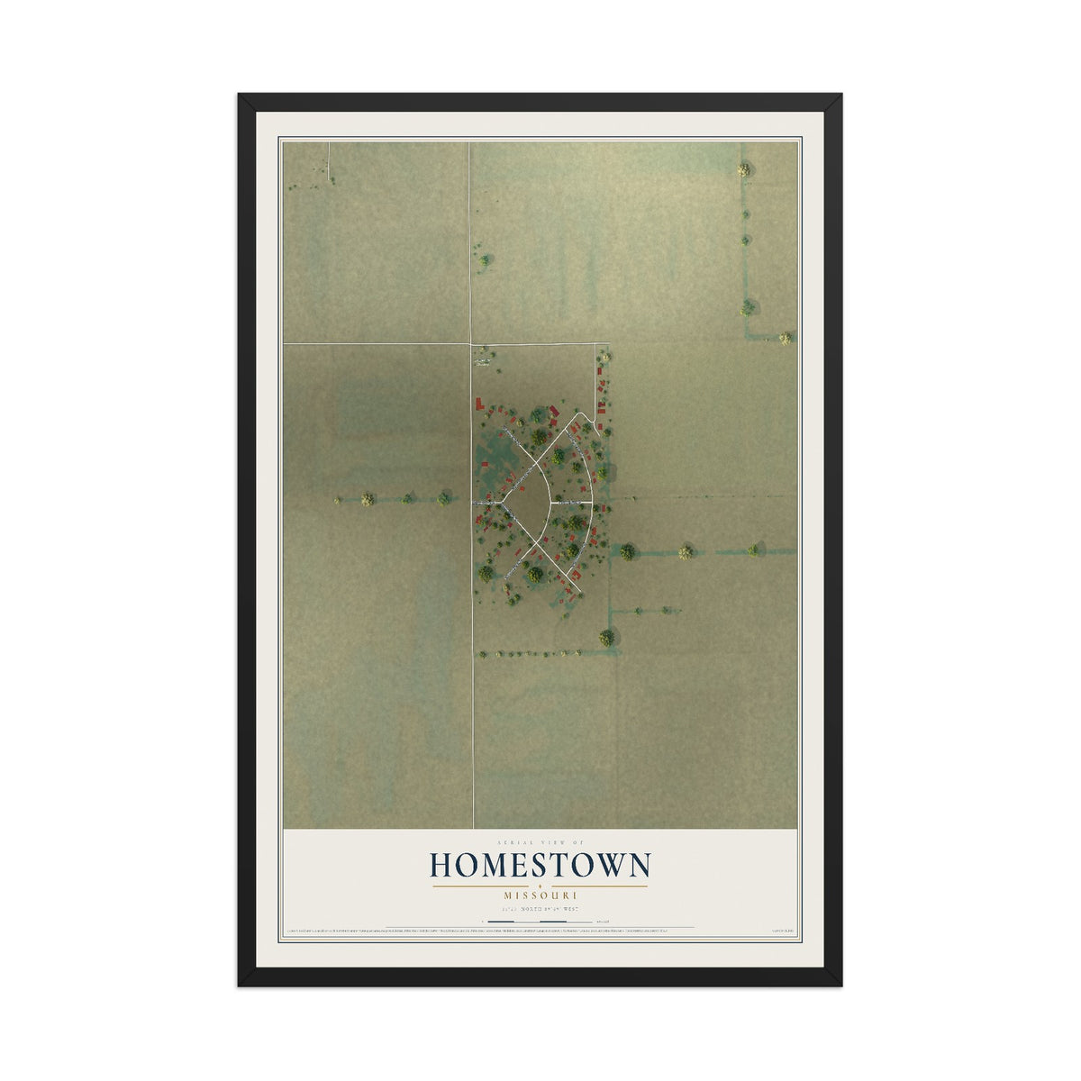 Map of Homestown, Missouri, 12 x 18 inch print in a black wood frame