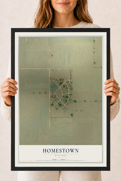Map of Homestown, Missouri, 18 x 24 inch print in a black wood frame