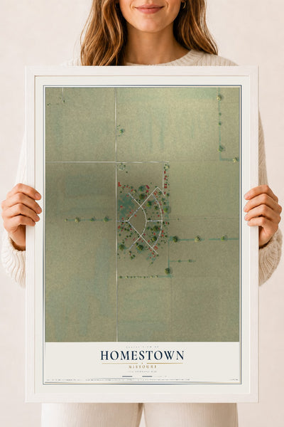 Map of Homestown, Missouri, 18 x 24 inch print in a white wood frame