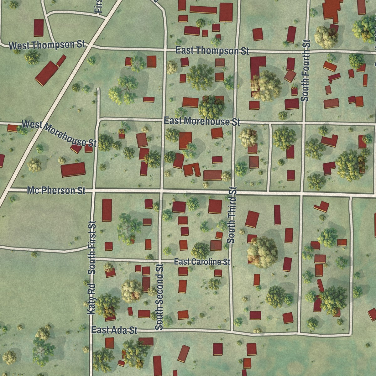 Close-up of the map of Hopkins, Missouri print showing street and building detail