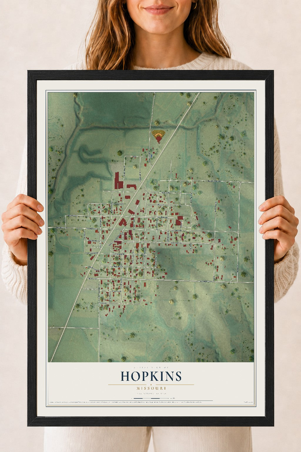 Map of Hopkins, Missouri, 18 x 24 inch print in a black wood frame