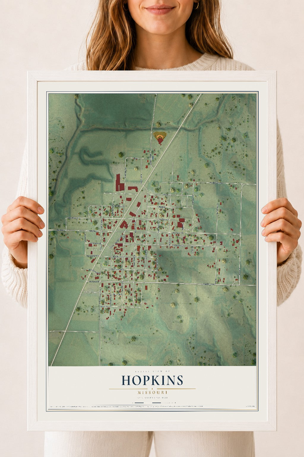 Map of Hopkins, Missouri, 18 x 24 inch print in a white wood frame