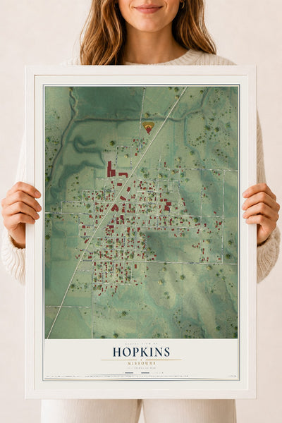 Map of Hopkins, Missouri, 18 x 24 inch print in a white wood frame