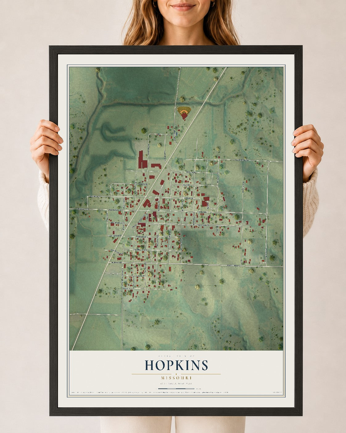 Map of Hopkins, Missouri, 24 x 36 inch print in a black wood frame