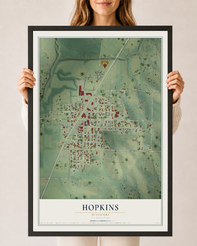 Map of Hopkins, Missouri, 24 x 36 inch print in a black wood frame