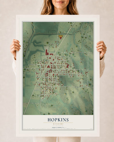 Map of Hopkins, Missouri, 24 x 36 inch print in a white wood frame