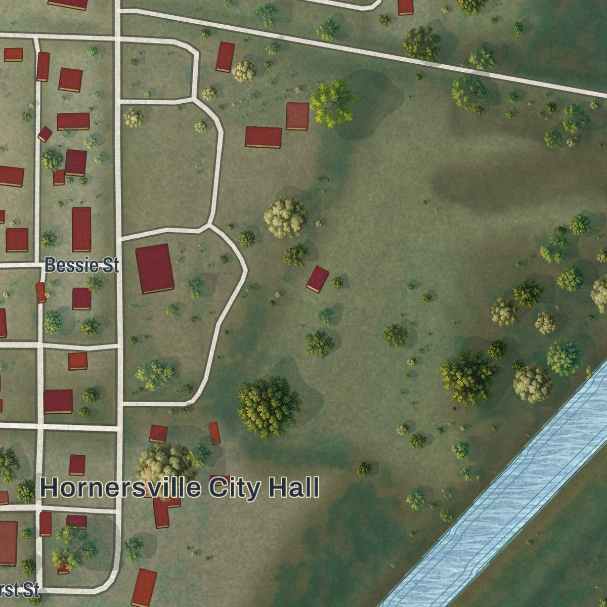 Second close-up of the map of Hornersville, Missouri print showing more streets and buildings