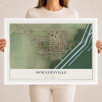 Map of Hornersville, Missouri, 18 x 24 inch print in a white wood frame