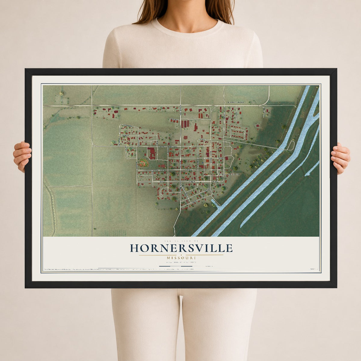 Map of Hornersville, Missouri, 24 x 36 inch print in a black wood frame