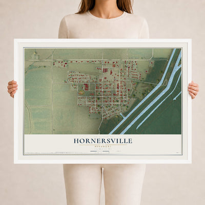 Map of Hornersville, Missouri, 24 x 36 inch print in a white wood frame