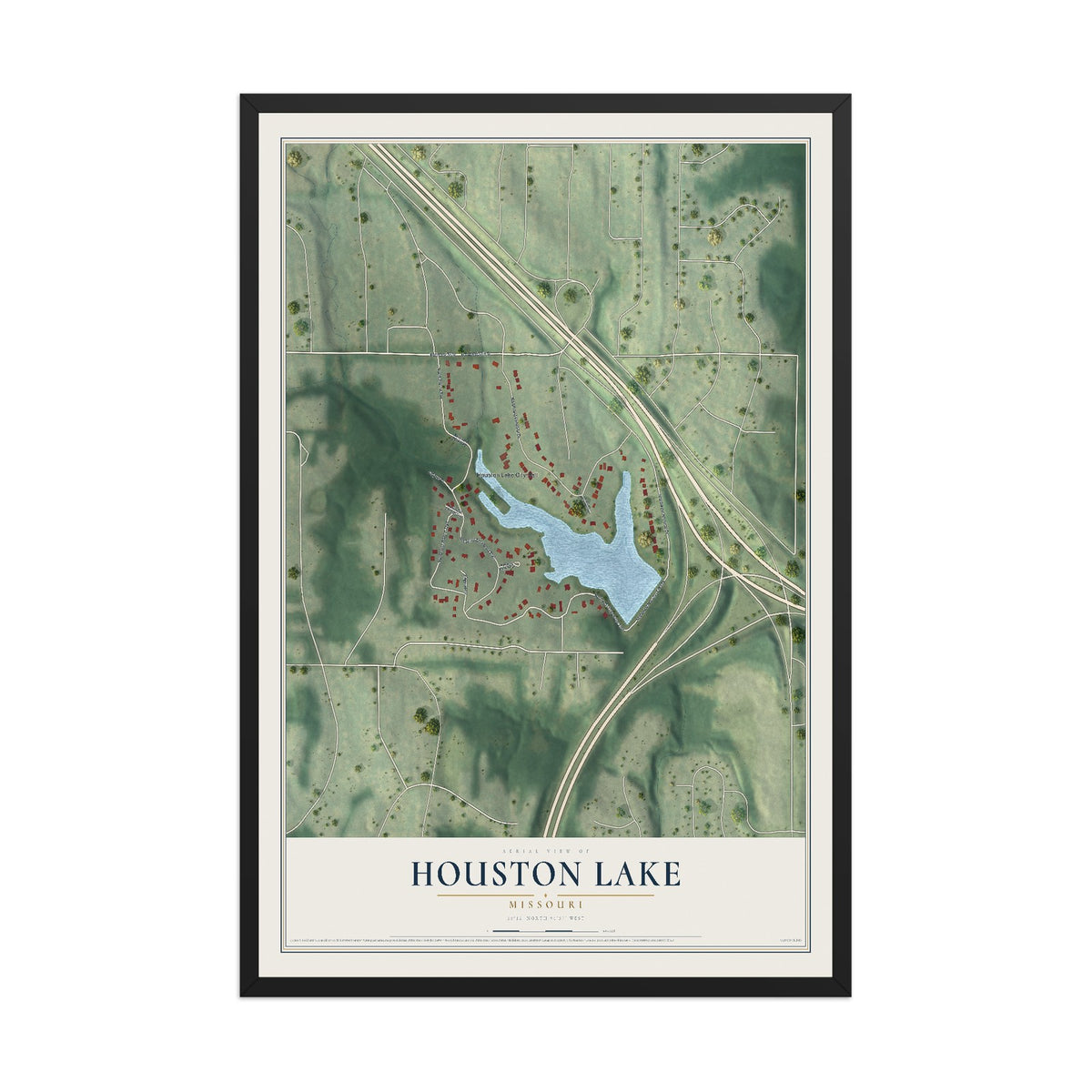 Map of Houston Lake, Missouri, 12 x 18 inch print in a black wood frame