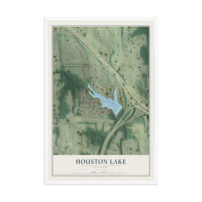 Map of Houston Lake, Missouri, 12 x 18 inch print in a white wood frame