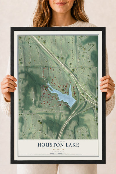 Map of Houston Lake, Missouri, 18 x 24 inch print in a black wood frame