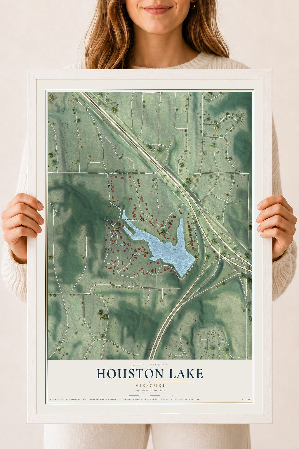 Map of Houston Lake, Missouri, 18 x 24 inch print in a white wood frame