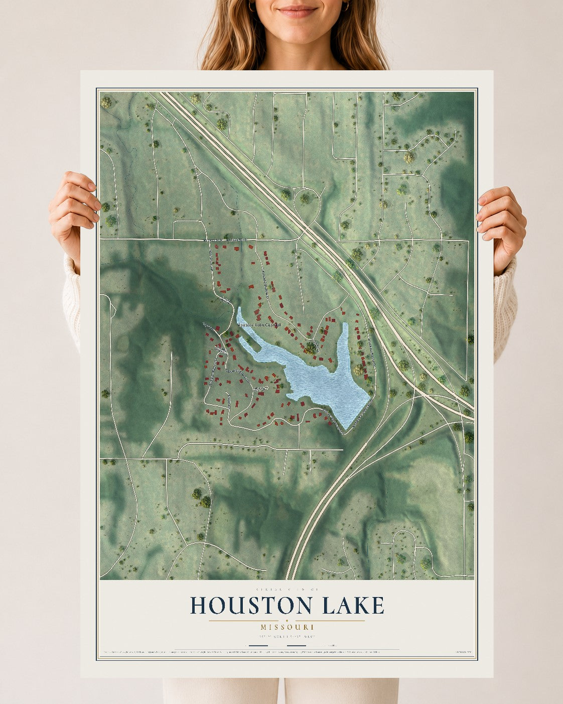 Map of Houston Lake, Missouri, 24 x 36 inch unframed archival matte print