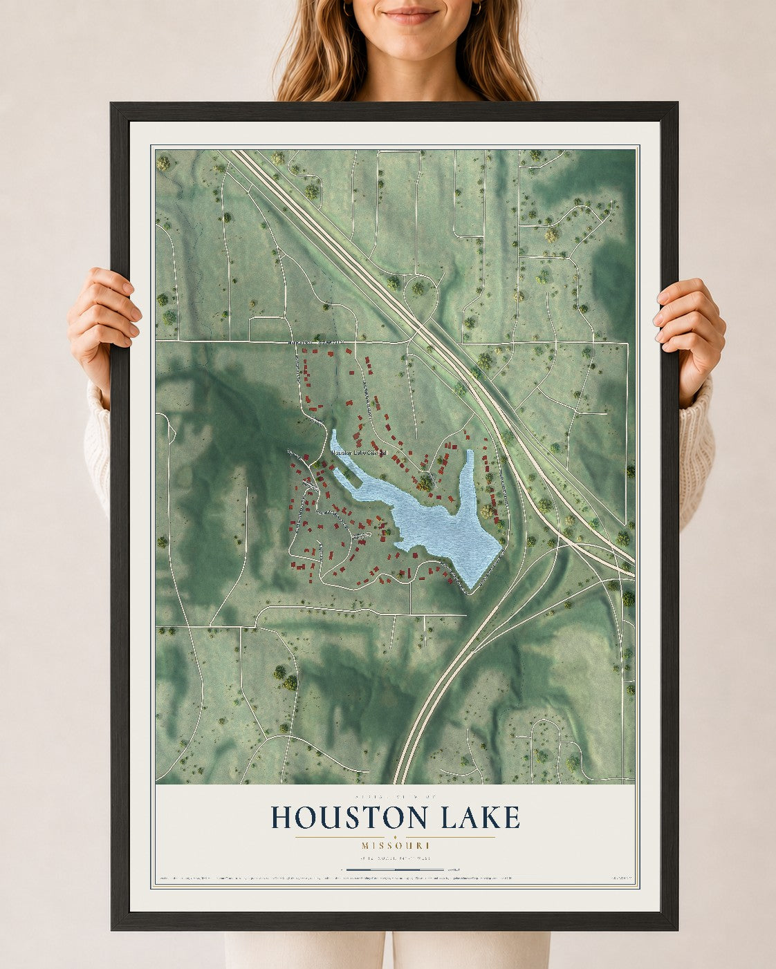 Map of Houston Lake, Missouri, 24 x 36 inch print in a black wood frame