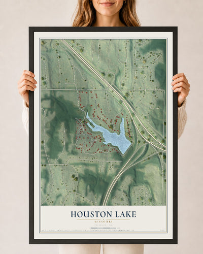 Map of Houston Lake, Missouri, 24 x 36 inch print in a black wood frame