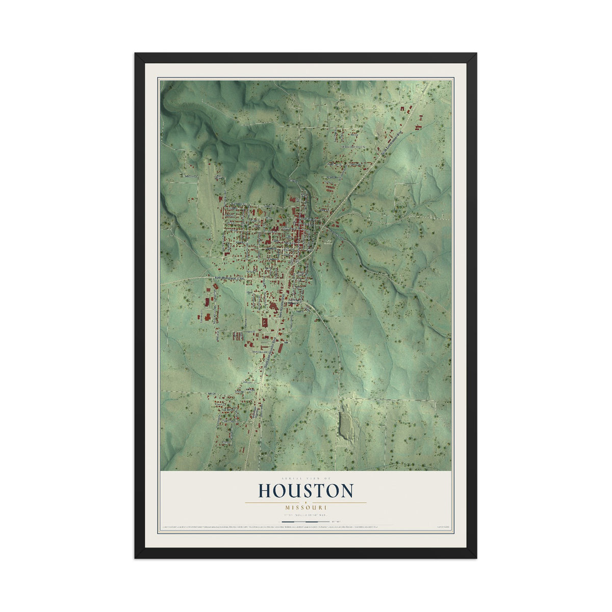 Map of Houston, Missouri, 12 x 18 inch print in a black wood frame