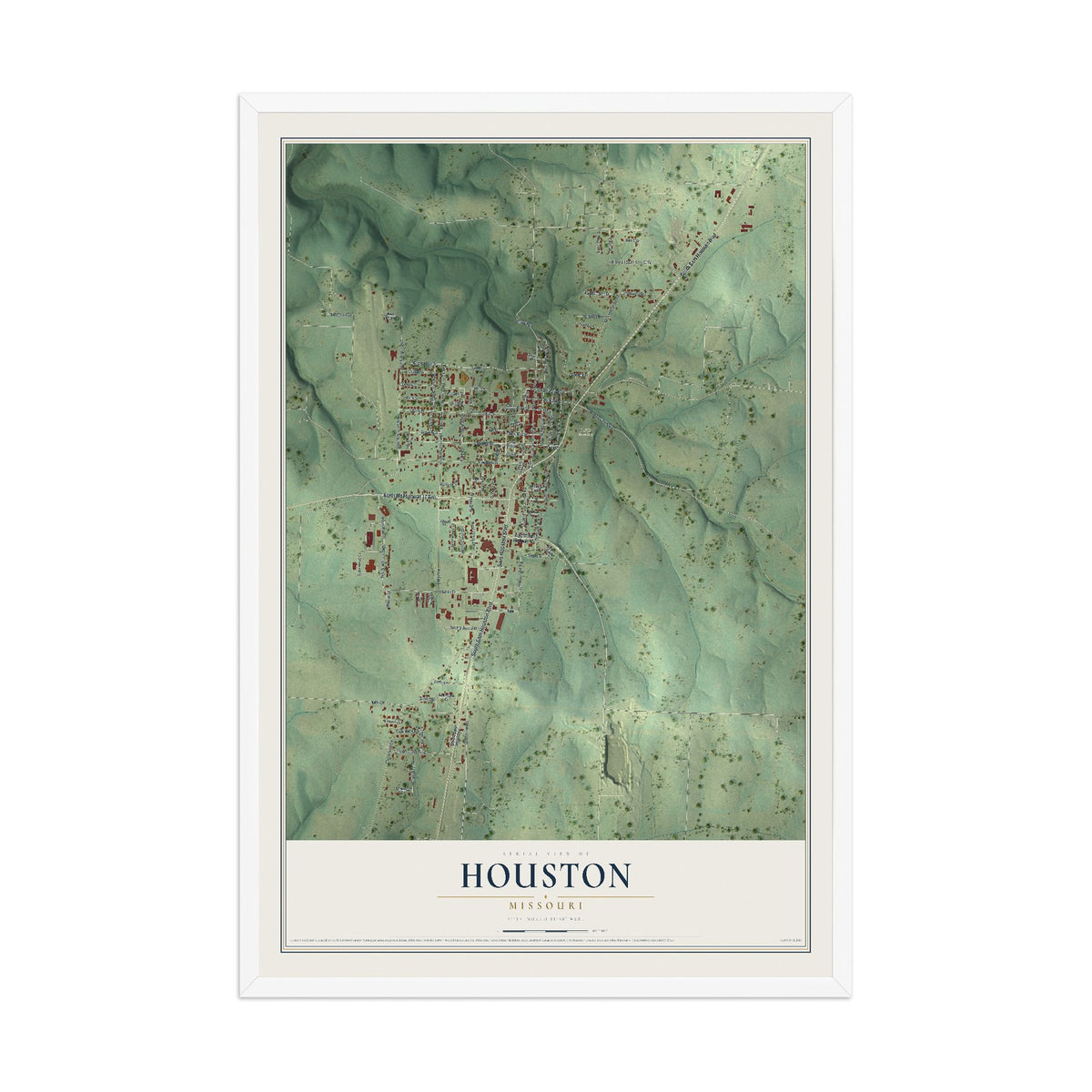 Map of Houston, Missouri, 12 x 18 inch print in a white wood frame