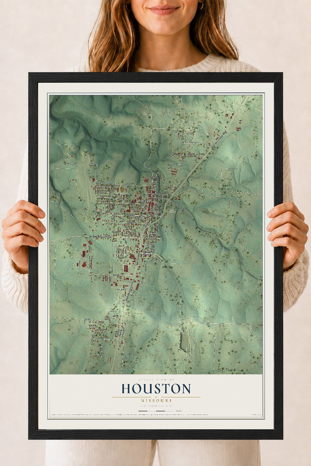 Map of Houston, Missouri, 18 x 24 inch print in a black wood frame