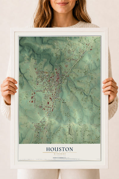 Map of Houston, Missouri, 18 x 24 inch print in a white wood frame